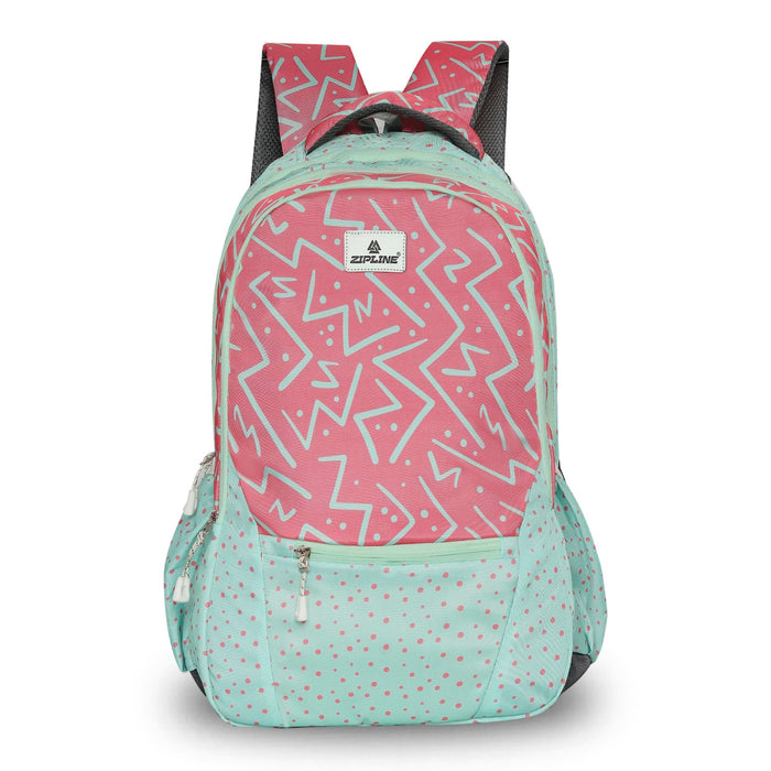 Zipline Casual School Bag for Girls,Blue+Pink|30L Water Resistant Backpack for Women|Stylish,Lightweight,Durable|College Bag for Women .(Medium Size) - Green+Pink