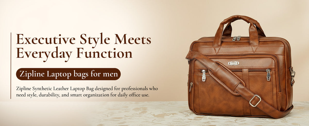 Zipline Laptop bags for men office use | Synthetic Leather Executive Formal 15.6 inch Laptop, MacBook & Macbook Pro Messenger/Office Bag for Man Women (Tan)