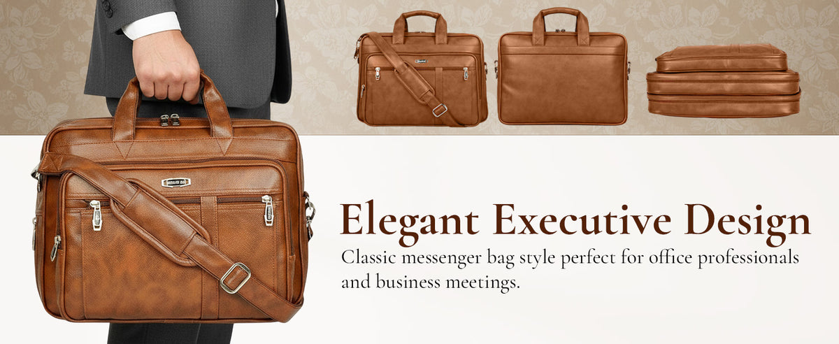 Zipline Laptop bags for men office use | Synthetic Leather Executive Formal 15.6 inch Laptop, MacBook & Macbook Pro Messenger/Office Bag for Man Women (Tan)
