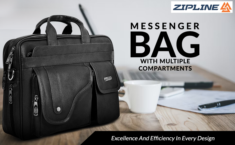 Zipline Laptop bags for men office use | Synthetic Leather Laptop Bag for Man Women, 15.6" Compatible Laptop, Macbook, Macbook Pro Messenger Bags for Men & Women (1-Black Bag)